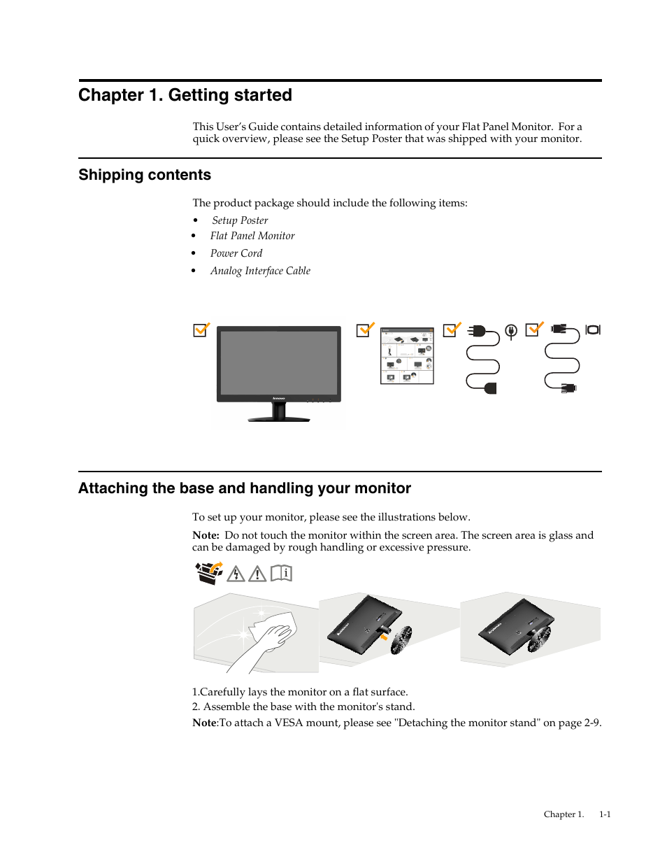 Chapter 1. getting started, Shipping contents, Attaching the base and handling your monitor | Chapter1. getting started | Lenovo LI2032 Wide LCD Monitor User Manual | Page 5 / 27