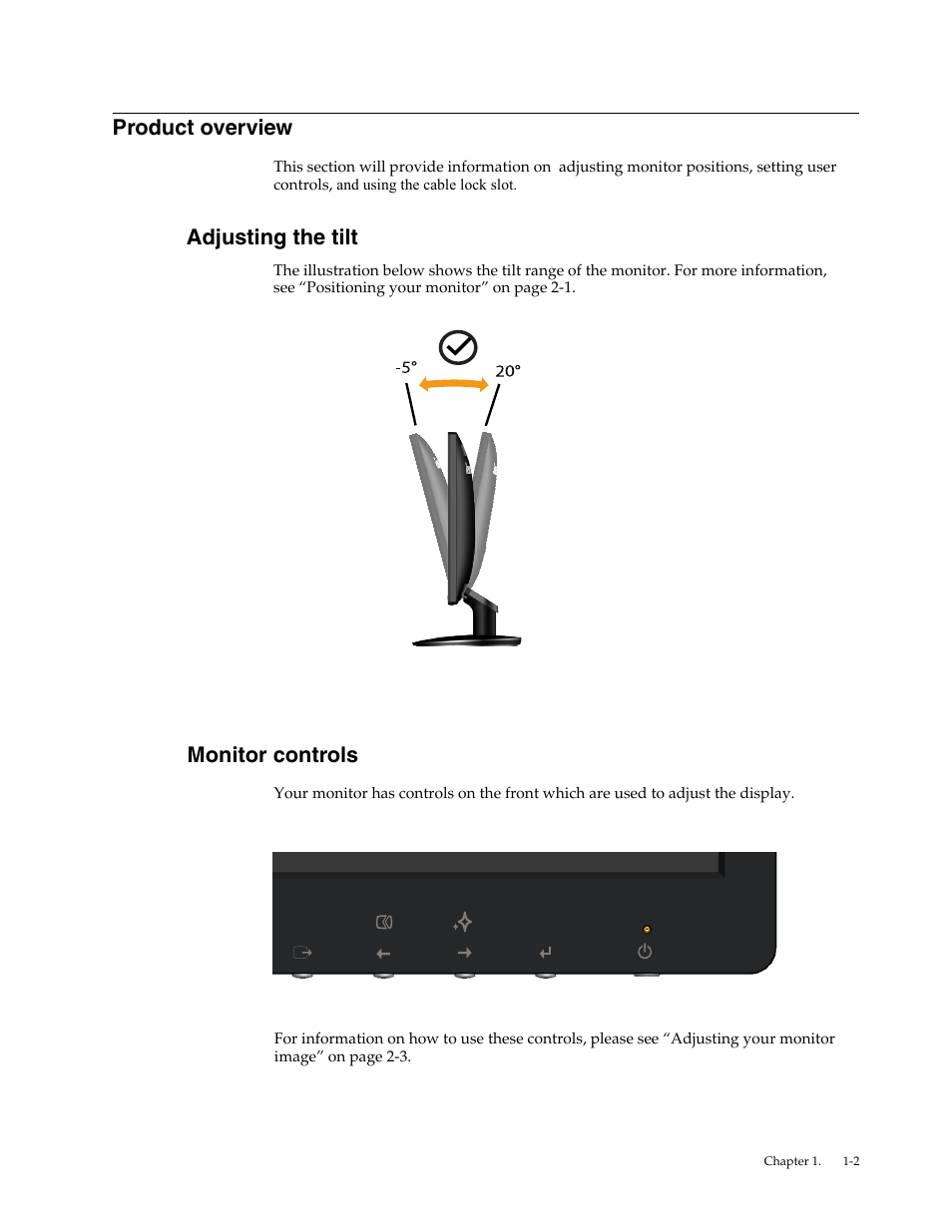 Product overview, Adjusting the tilt, Monitor controls | Adjusting the tilt -2 | Lenovo LI2032 Wide LCD Monitor User Manual | Page 6 / 27