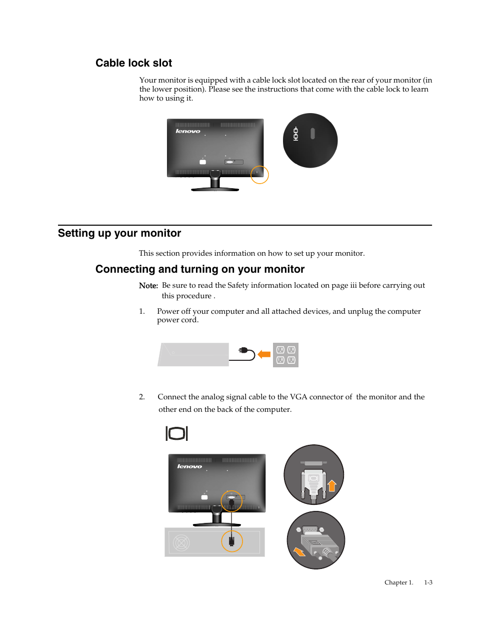 Cable lock slot, Setting up your monitor, Connecting and turning on your monitor | Cable lock slot - 3, Setting up your monitor - 3, Setting up y our monitor | Lenovo LI2032 Wide LCD Monitor User Manual | Page 7 / 27