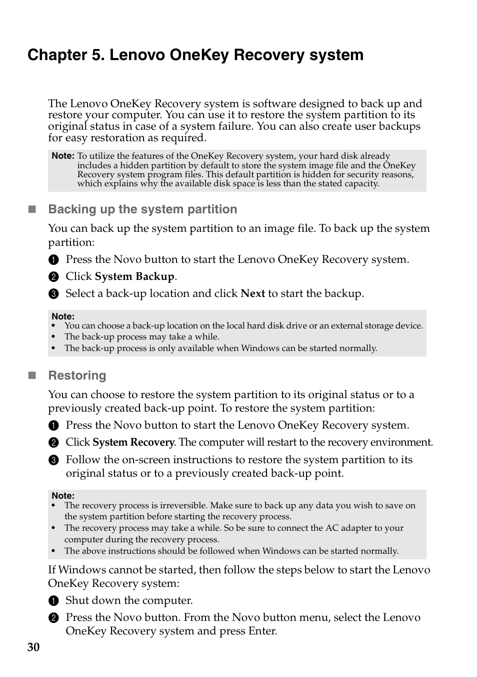 Chapter 5. lenovo onekey recovery system, Backing up the system partition, Restoring | Lenovo IdeaPad S300 Notebook User Manual | Page 34 / 45