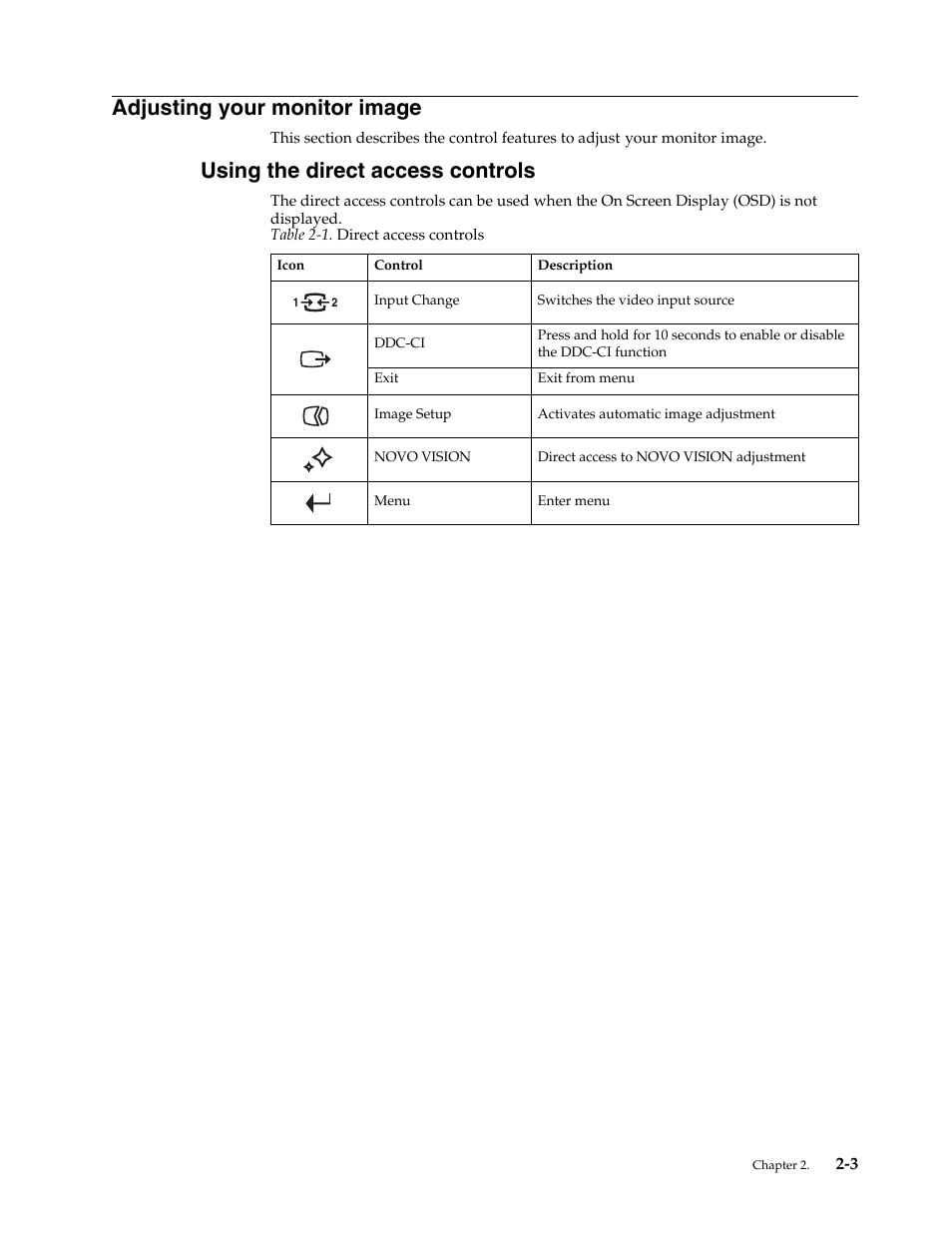 Adjusting your monitor image, Using the direct access controls, Adjusting your monitor image -3 | Using the direct access controls -3 | Lenovo LI2342 Wide LCD Monitor User Manual | Page 13 / 29
