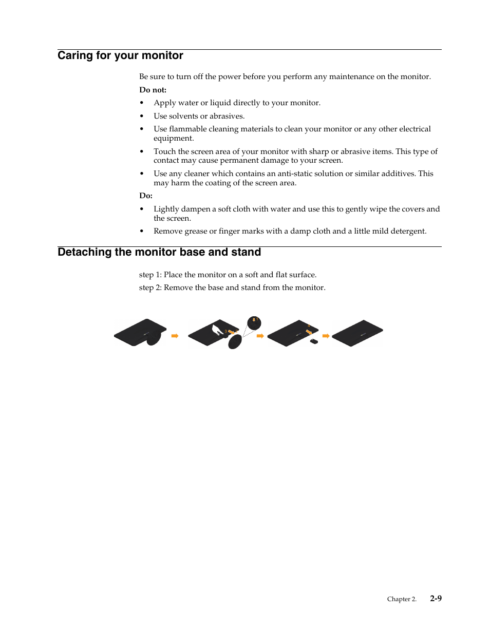 Caring for your monitor, Detaching the monitor base and stand, Caring for your monitor -9 | Detaching the monitor base and stand -9 | Lenovo LI2342 Wide LCD Monitor User Manual | Page 19 / 29