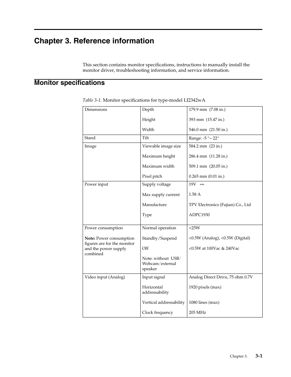 Chapter 3. reference information, Monitor specifications, Chapter 3 | Refe, Monitor specifications -1 | Lenovo LI2342 Wide LCD Monitor User Manual | Page 20 / 29
