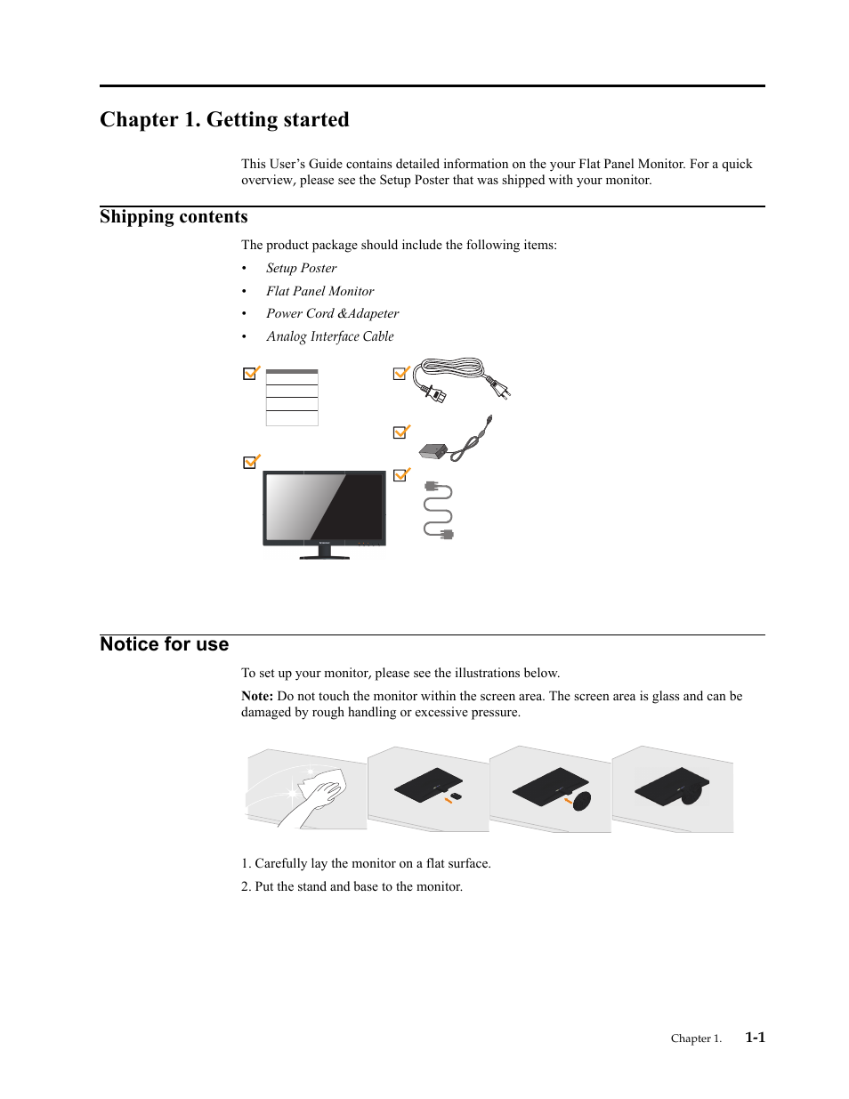 Chapter 1. getting started, Shipping contents, Notice for use | Chapter 1. getting, Shipping contents -1, Notice for use -1 | Lenovo LI2342 Wide LCD Monitor User Manual | Page 5 / 29