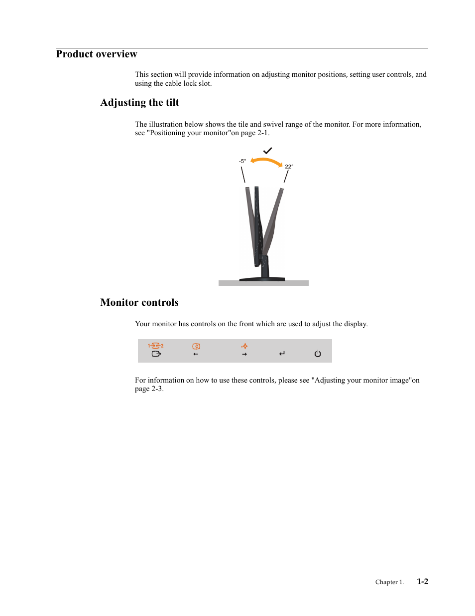 Roduct overview, Adjusting the tilt, Monitor controls | Product overview -2, Adjusting the tilt -2, Monitor controls -2, Product overview | Lenovo LI2342 Wide LCD Monitor User Manual | Page 6 / 29