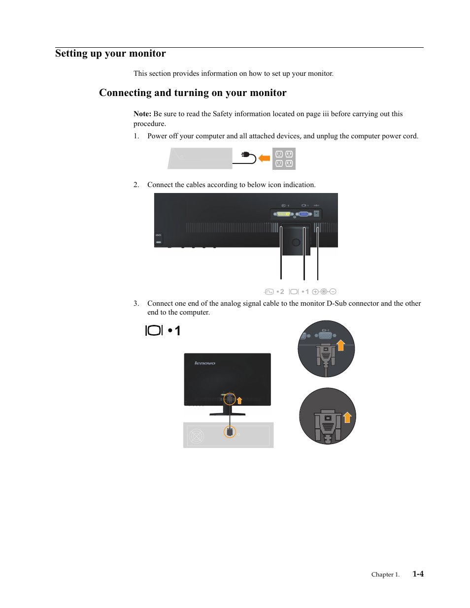 Setting up your monitor, Connecting and turning on your monitor, Setting up your monitor -4 | Connecting and turning on your monitor -4 | Lenovo LI2342 Wide LCD Monitor User Manual | Page 8 / 29