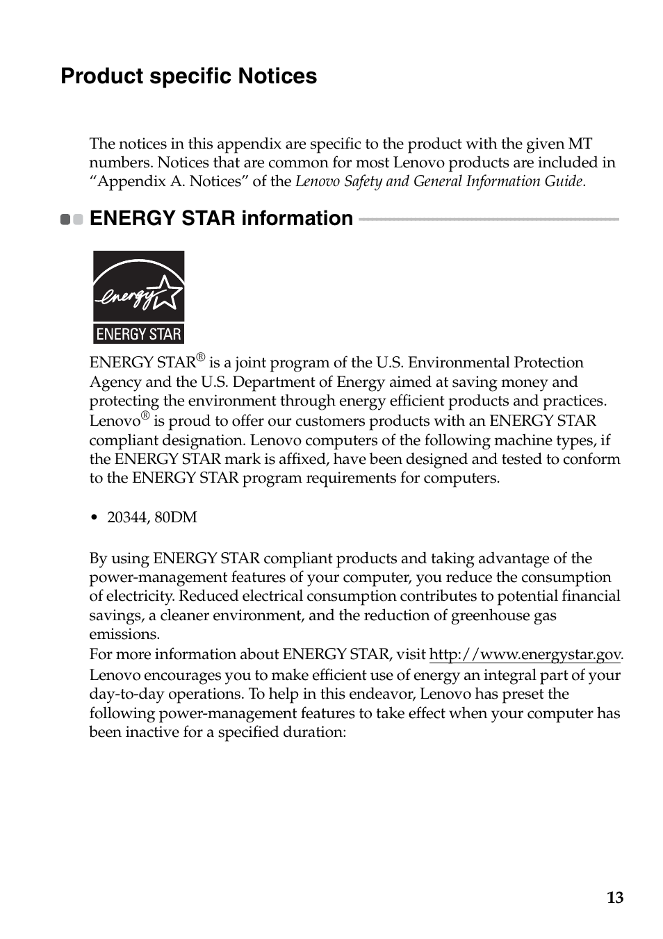 Product specific notices, Energy star information | Lenovo Yoga 2 13 Notebook Lenovo User Manual | Page 13 / 22