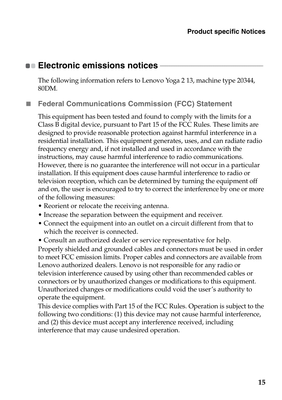 Electronic emissions notices | Lenovo Yoga 2 13 Notebook Lenovo User Manual | Page 15 / 22