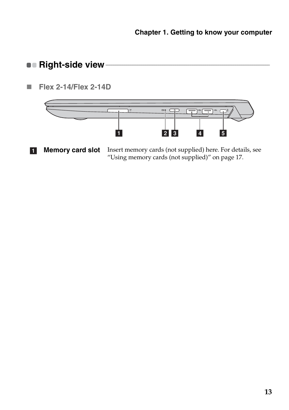 Right-side view | Lenovo Flex 2-15 Notebook Lenovo User Manual | Page 17 / 48