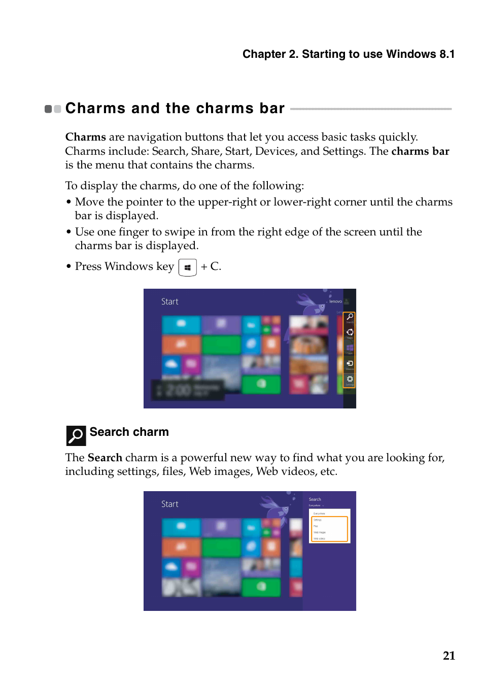 Charms and the charms bar | Lenovo Flex 2-15 Notebook Lenovo User Manual | Page 25 / 48