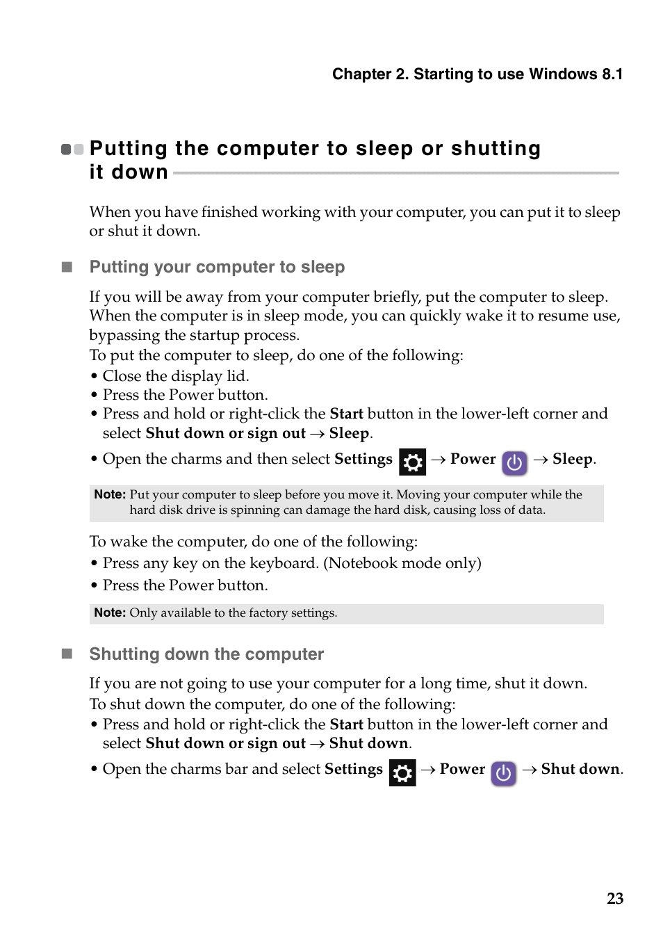 Putting the computer to sleep or shutting it down | Lenovo Flex 2-15 Notebook Lenovo User Manual | Page 27 / 48