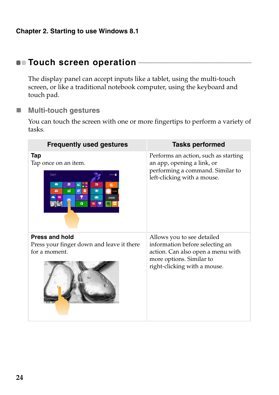 Touch screen operation | Lenovo Flex 2-15 Notebook Lenovo User Manual | Page 28 / 48