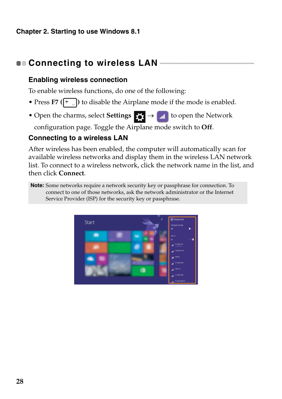 Connecting to wireless lan | Lenovo Flex 2-15 Notebook Lenovo User Manual | Page 32 / 48