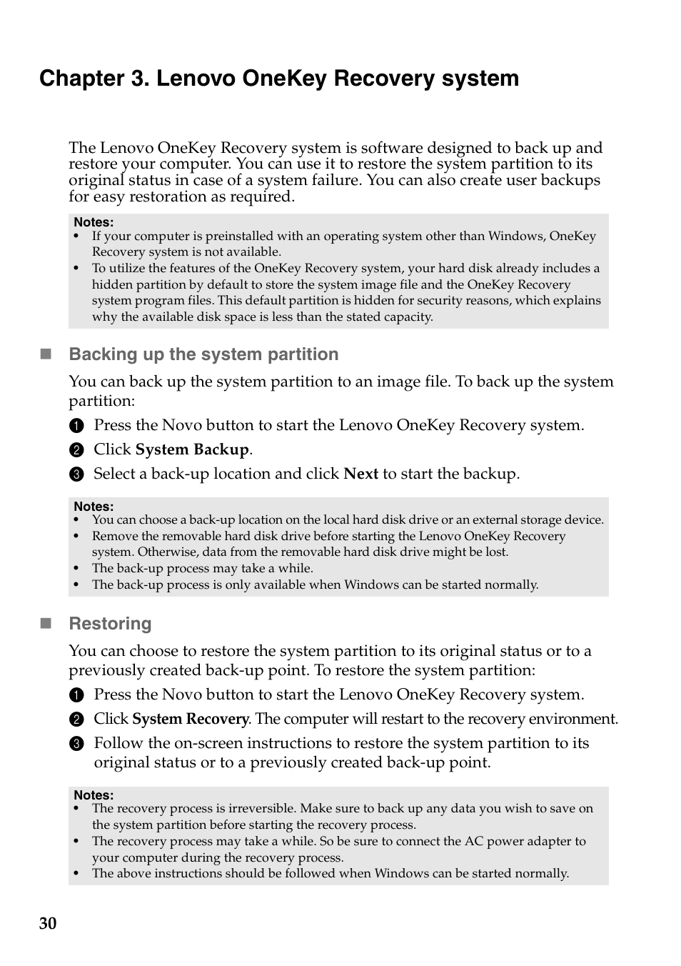 Chapter 3. lenovo onekey recovery system, Backing up the system partition, Restoring | Lenovo Flex 2-15 Notebook Lenovo User Manual | Page 34 / 48