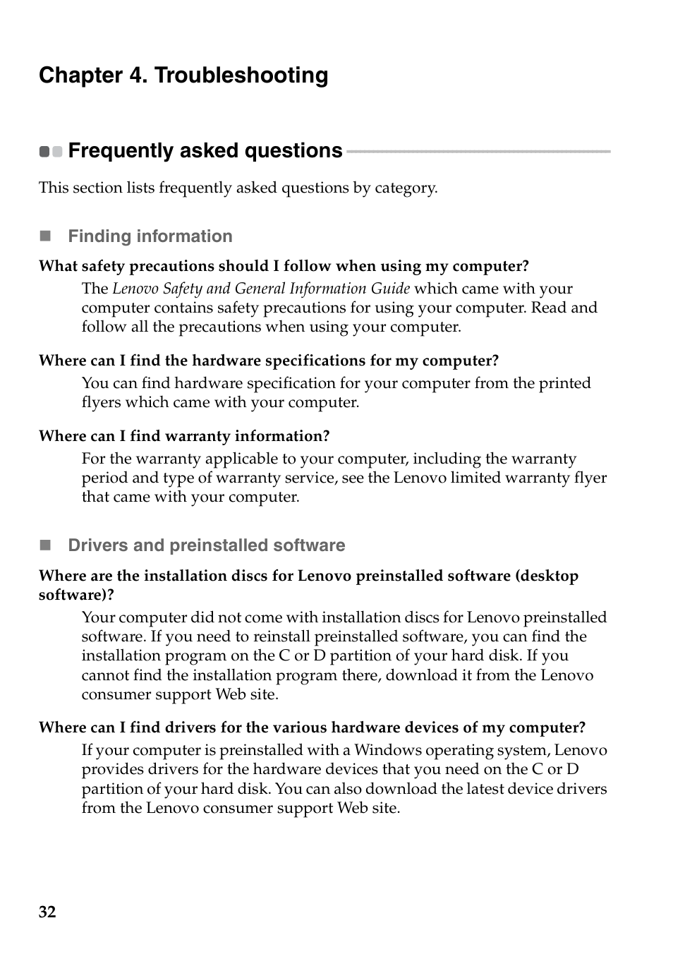 Chapter 4. troubleshooting, Frequently asked questions | Lenovo Flex 2-15 Notebook Lenovo User Manual | Page 36 / 48