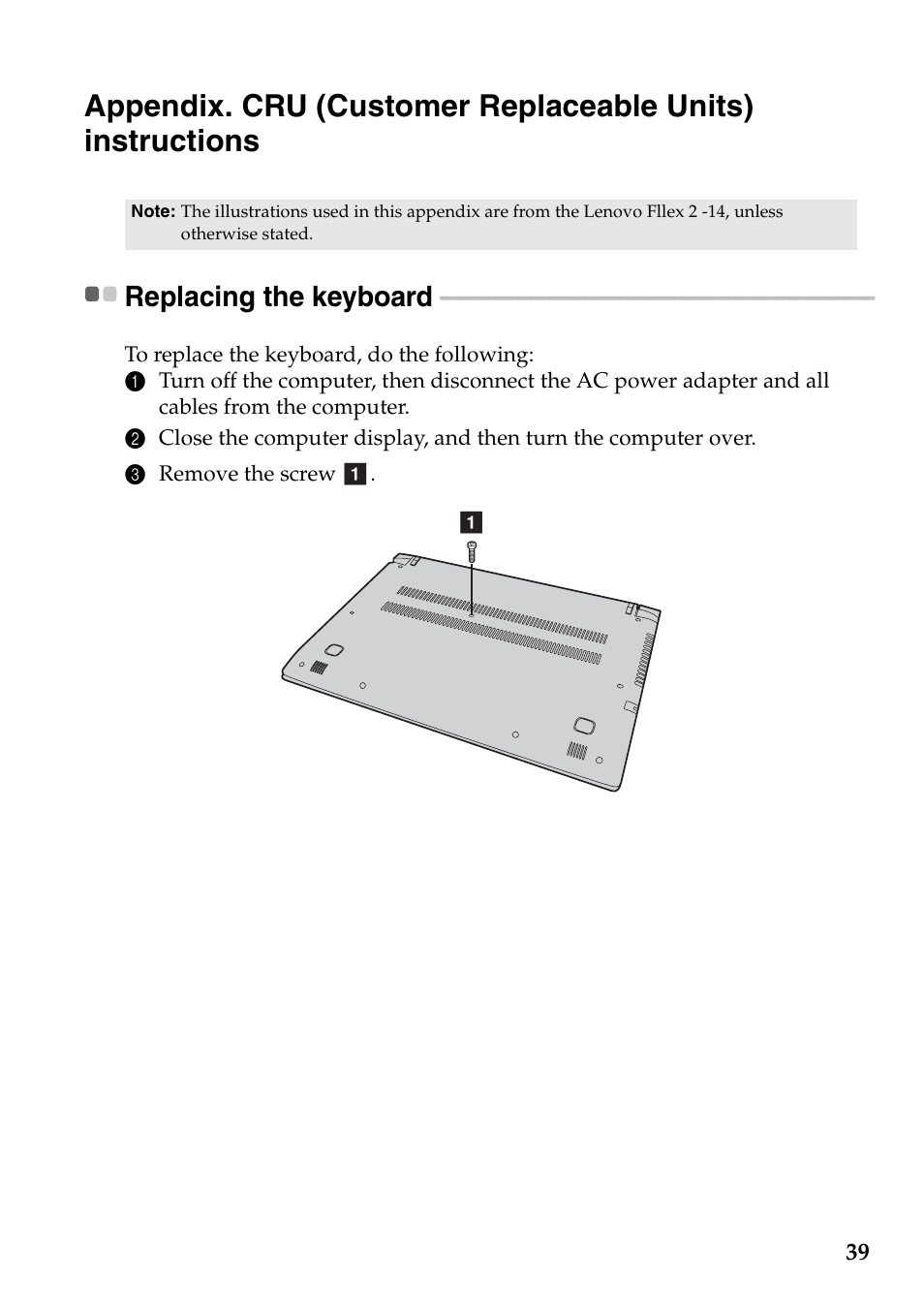 Replacing the keyboard | Lenovo Flex 2-15 Notebook Lenovo User Manual | Page 43 / 48