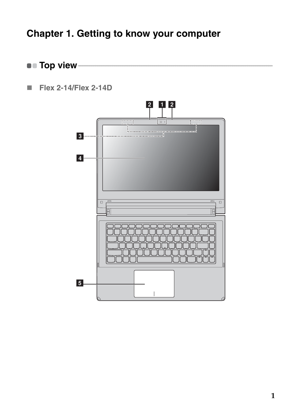 Chapter 1. getting to know your computer, Top view | Lenovo Flex 2-15 Notebook Lenovo User Manual | Page 5 / 48