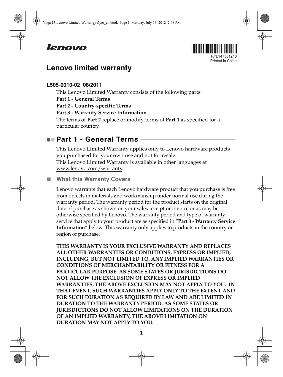 Lenovo Yoga 13 Notebook IdeaPad User Manual | 24 pages