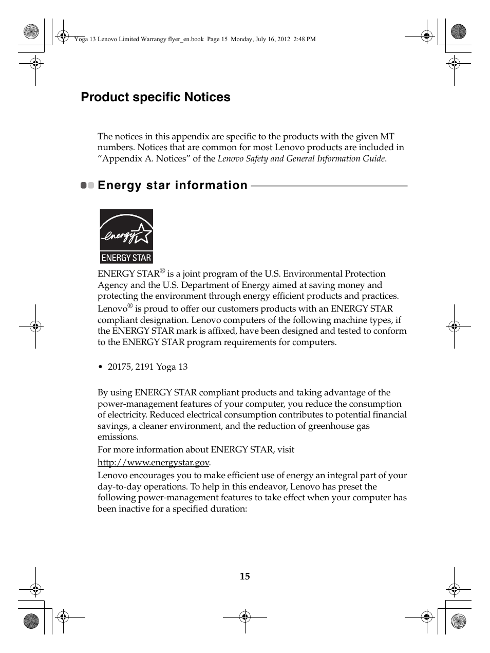 Product specific notices, Energy star information | Lenovo Yoga 13 Notebook IdeaPad User Manual | Page 15 / 24