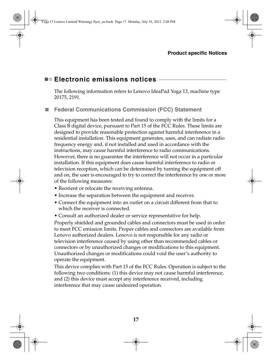 Electronic emissions notices | Lenovo Yoga 13 Notebook IdeaPad User Manual | Page 17 / 24