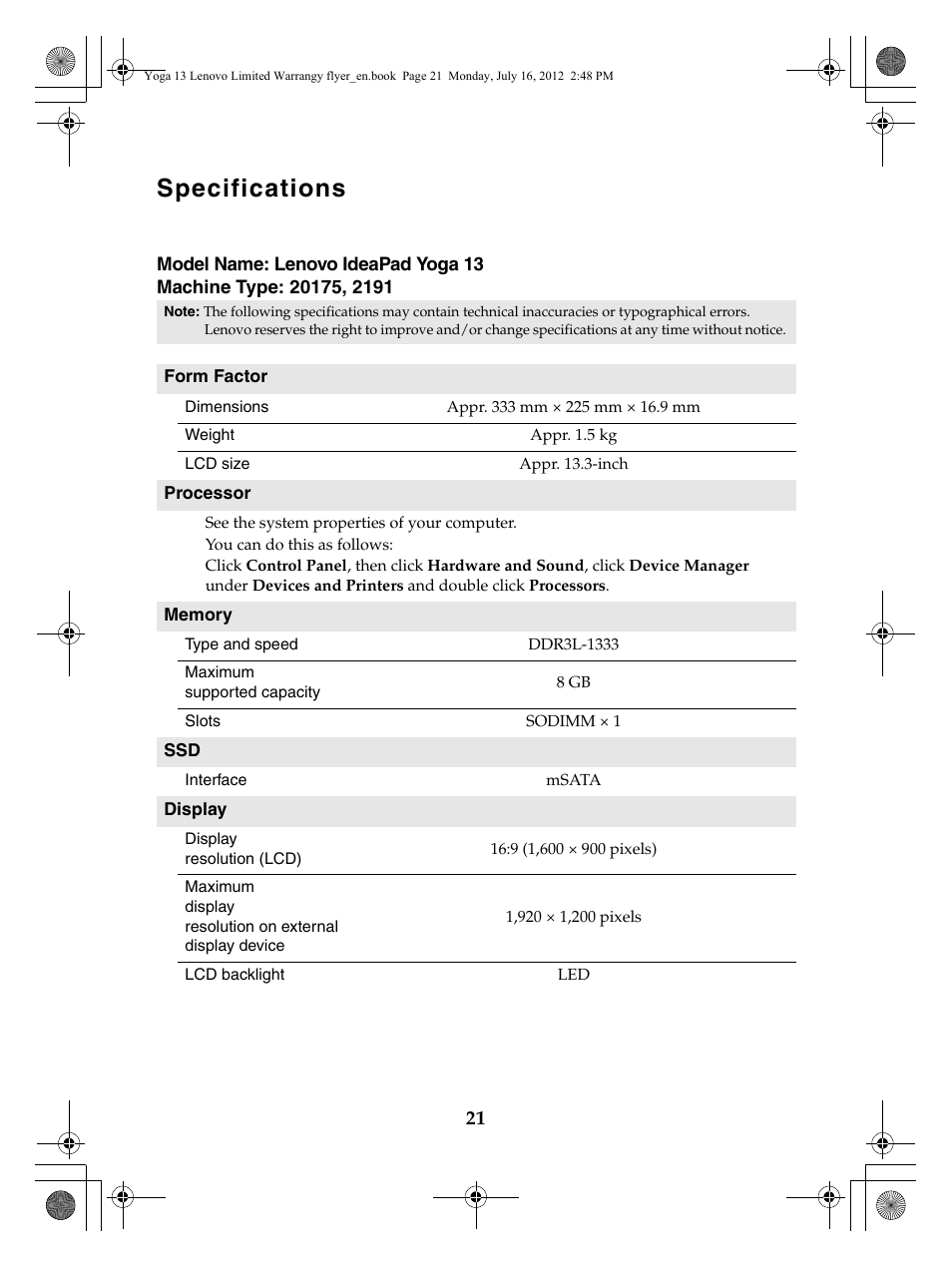 Specifications | Lenovo Yoga 13 Notebook IdeaPad User Manual | Page 21 / 24
