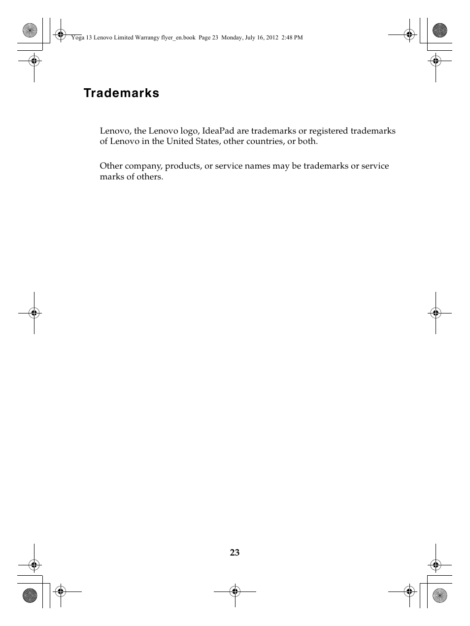 Trademarks | Lenovo Yoga 13 Notebook IdeaPad User Manual | Page 23 / 24