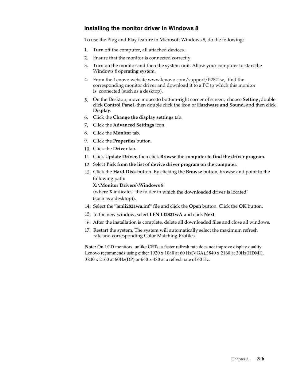 Installing the monitor driver in windows 8, Installing the monitor driver in windows 8 -6 | Lenovo LI2821 Wide LCD Monitor User Manual | Page 32 / 36