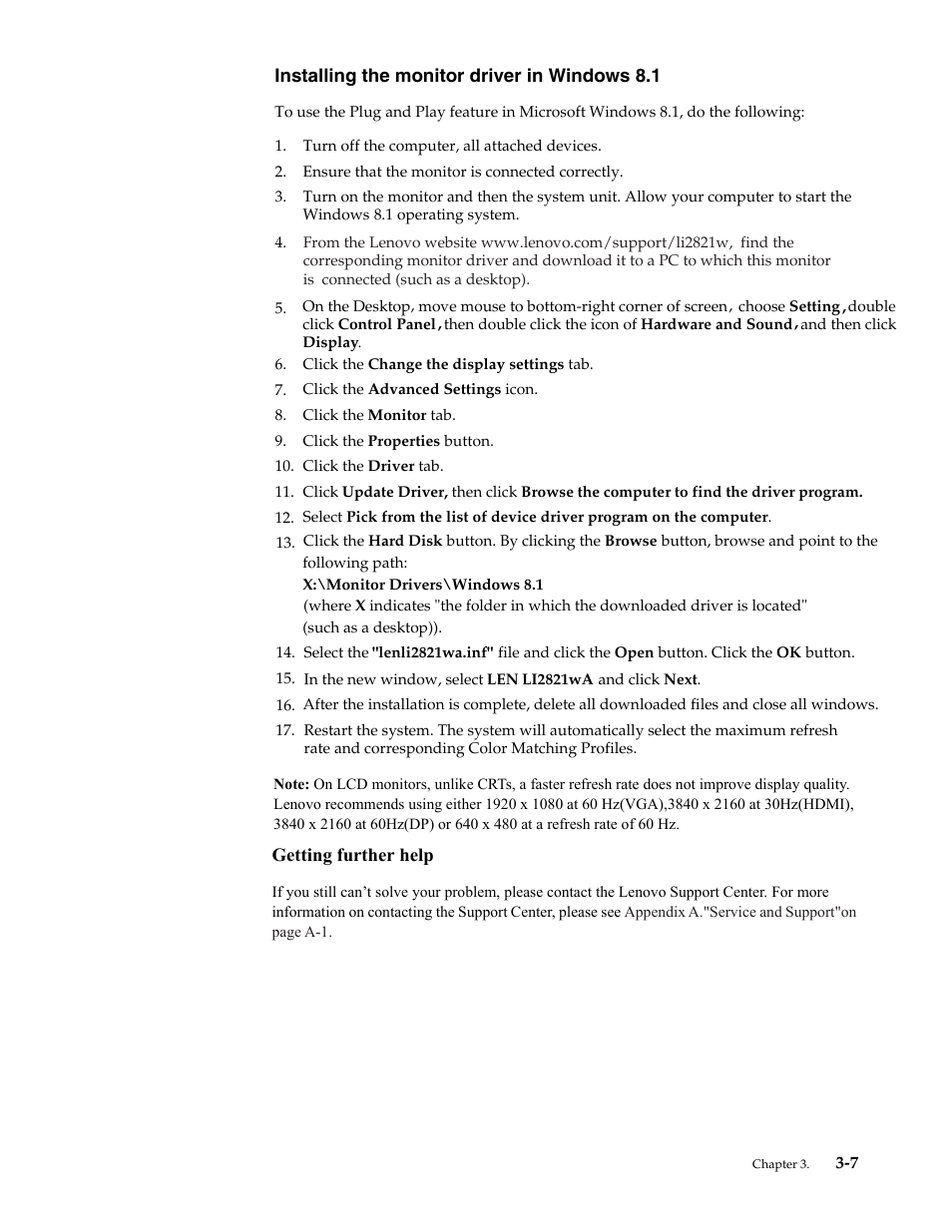 Installing the monitor driver in windows 8.1, Getting further help, Installing the monitor driver in windows 8.1 -7 | Getting further help -7 | Lenovo LI2821 Wide LCD Monitor User Manual | Page 33 / 36