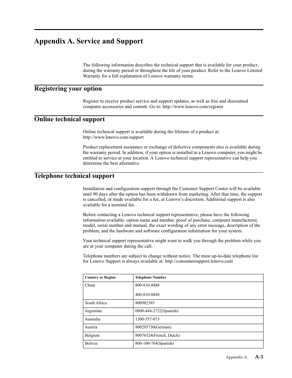 Appendix a. service and support, Registering your option, Online technical support | Telephone technical support | Lenovo LI2821 Wide LCD Monitor User Manual | Page 34 / 36