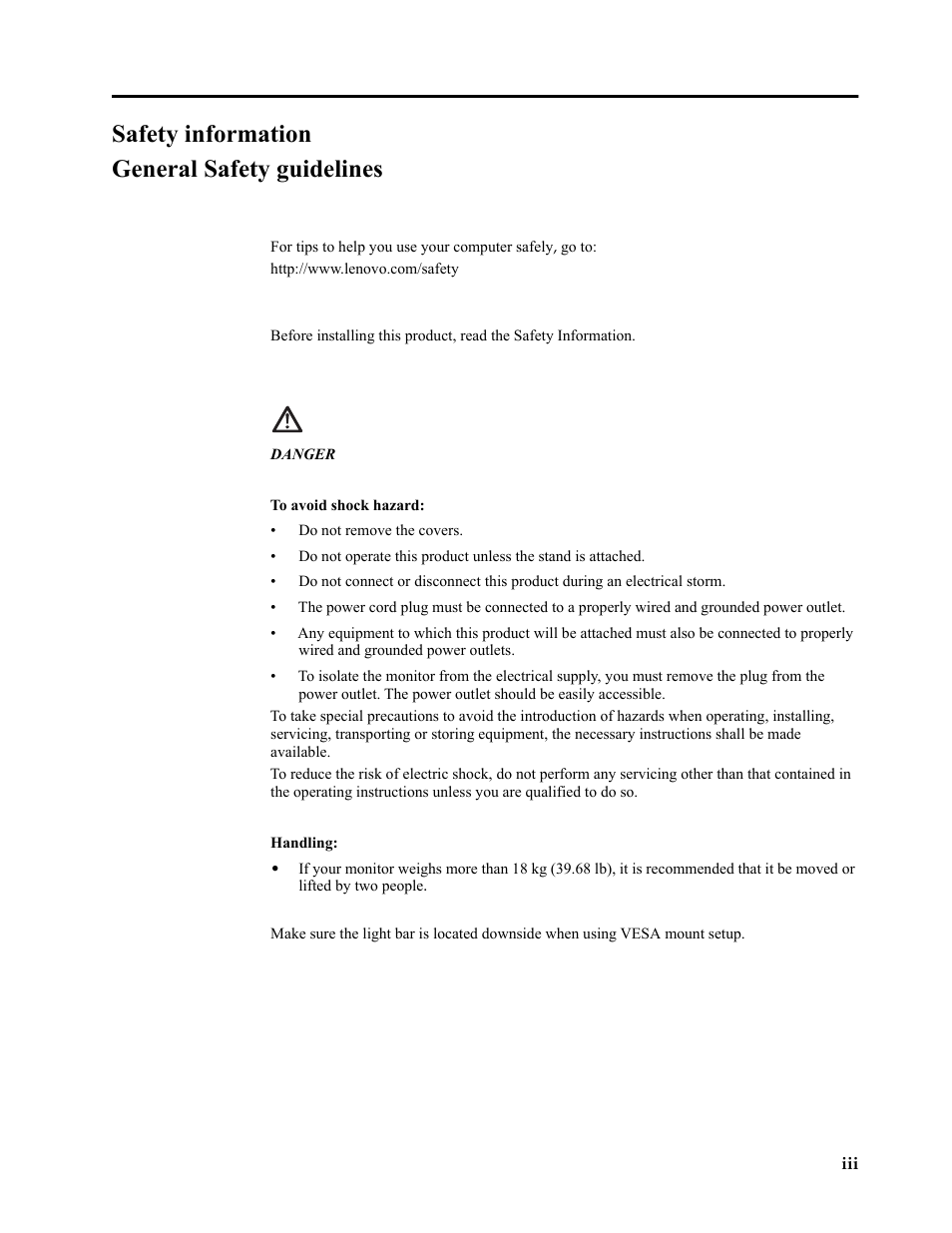 Safety information, General safety guidelines, Safety information general safety guidelines | Lenovo LI2821 Wide LCD Monitor User Manual | Page 4 / 36