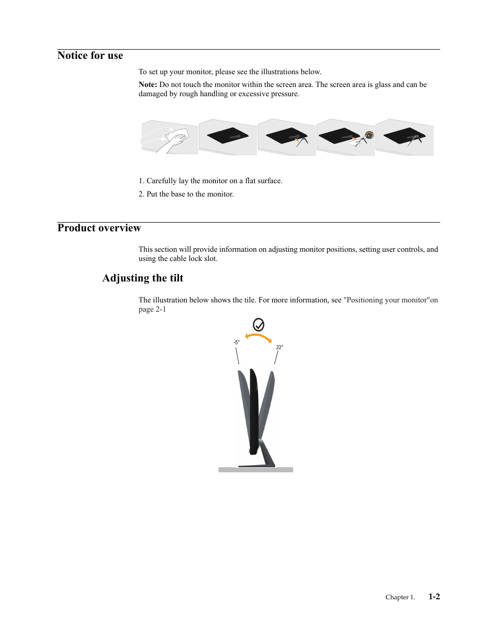 Notice for use, Product overview, Adjusting the tilt | Notice for use -2, Product overview -2, Adjusting the tilt -2 | Lenovo LI2821 Wide LCD Monitor User Manual | Page 6 / 36