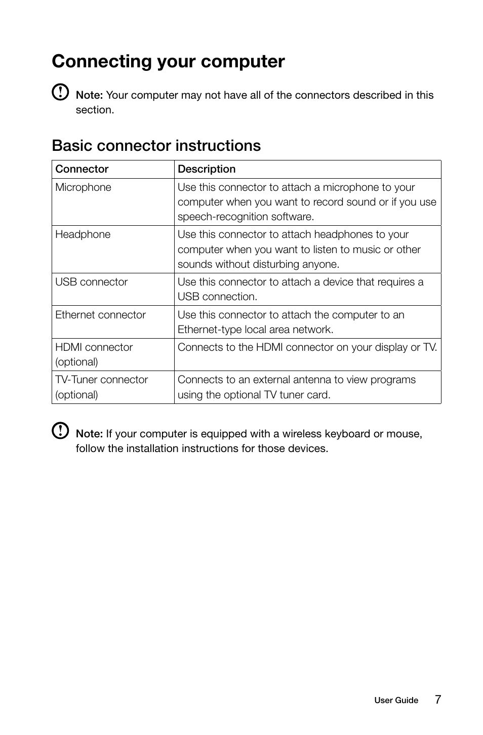 Connecting your computer, Basic connector instructions | Lenovo IdeaCentre A720 User Manual | Page 12 / 45