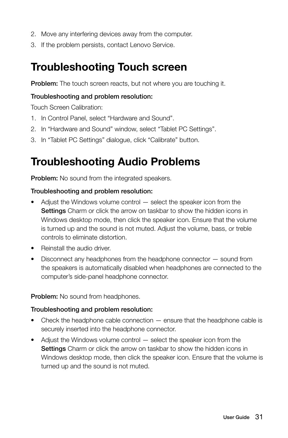 Troubleshooting touch screen, Troubleshooting audio problems | Lenovo IdeaCentre A720 User Manual | Page 36 / 45