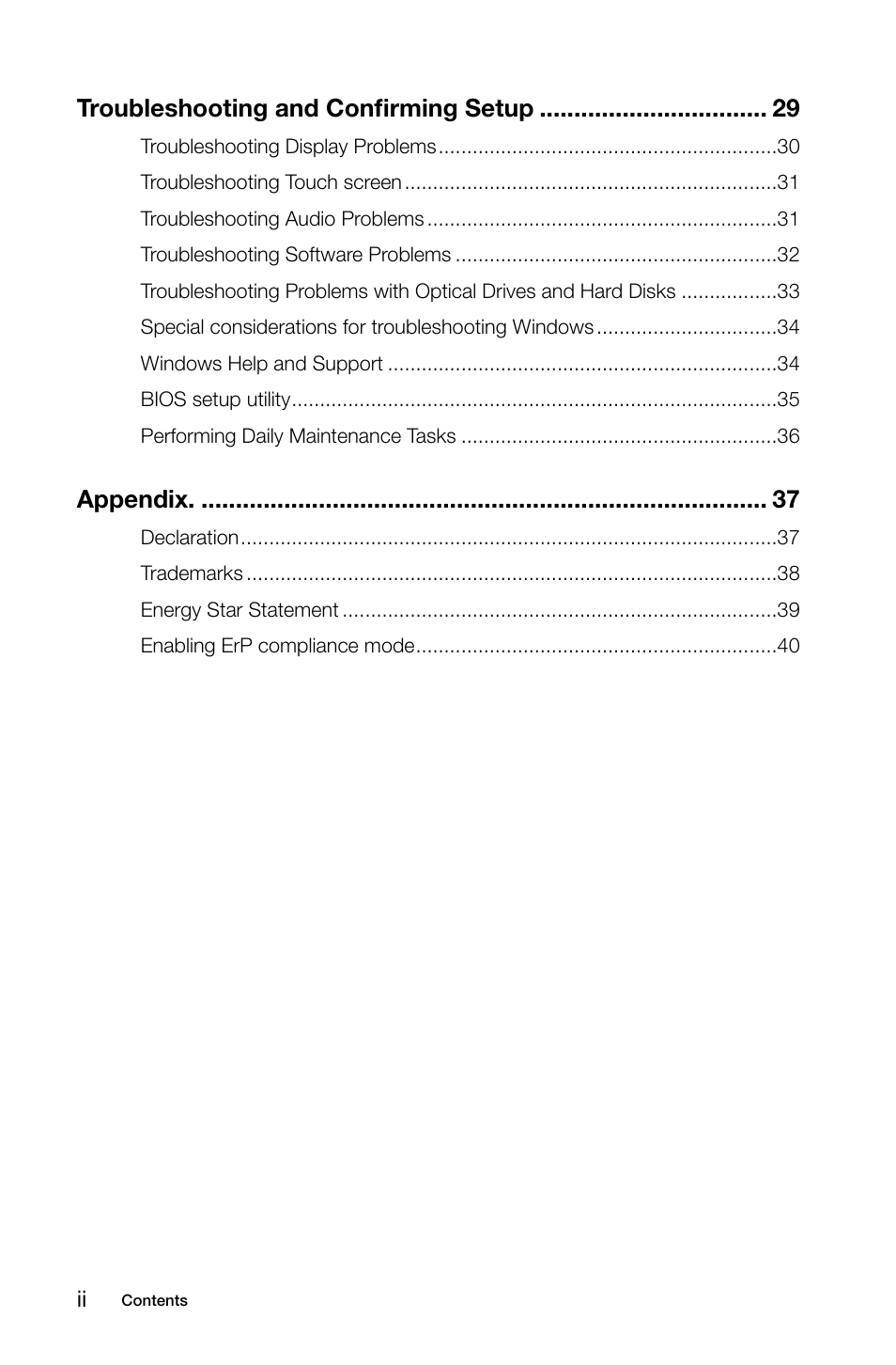 Troubleshooting and confirming setup, Appendix | Lenovo IdeaCentre A720 User Manual | Page 5 / 45