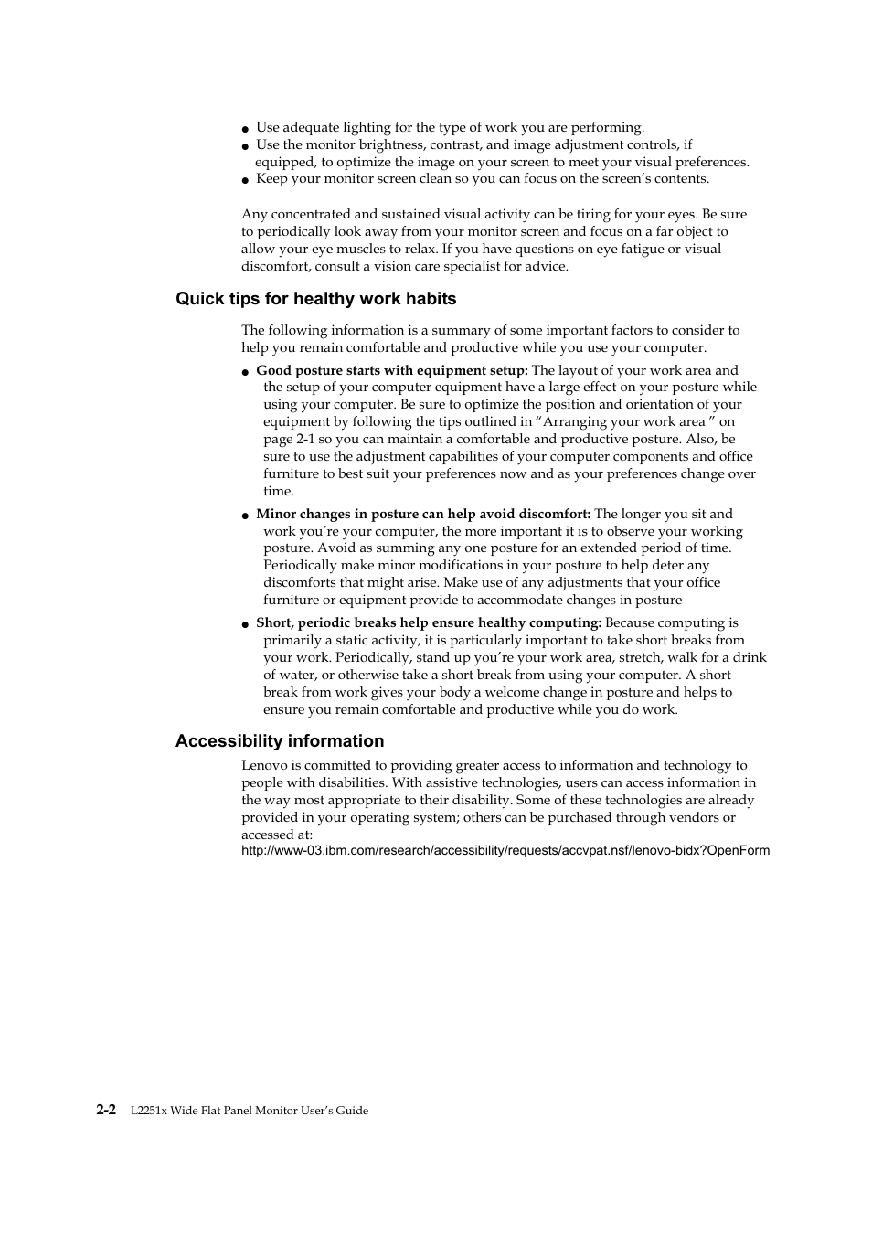 Quick tips for healthy work habits, Accessibility information | Lenovo ThinkVision L2251x Wide 22in LCD Monitor User Manual | Page 16 / 37