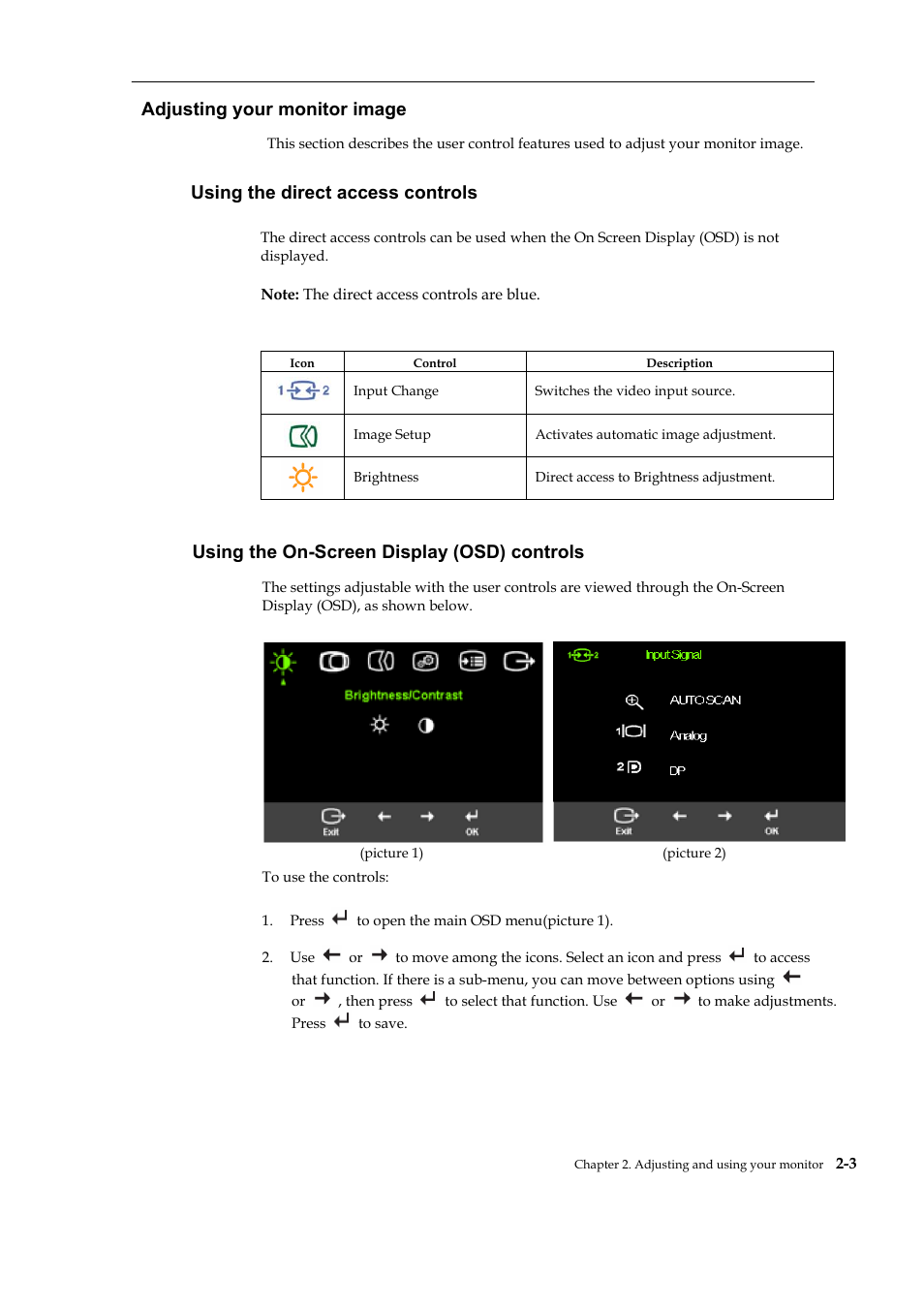 Adjusting your monitor image, Using the direct access controls, Using the on-screen display (osd) controls | Lenovo ThinkVision L2251x Wide 22in LCD Monitor User Manual | Page 17 / 37