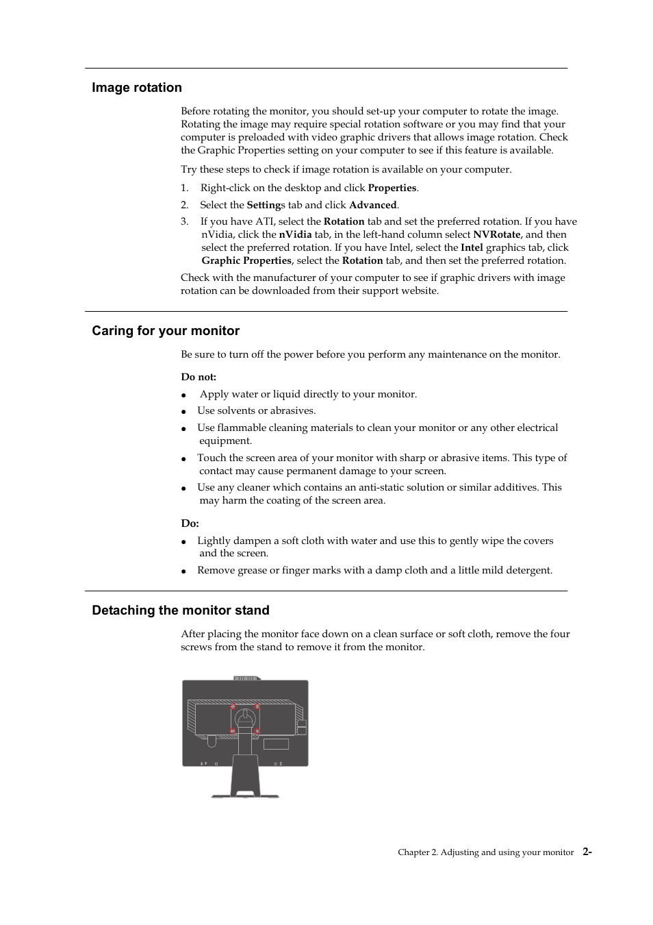 Caring for your monitor, Detaching the monitor stand, Image rotation | Lenovo ThinkVision L2251x Wide 22in LCD Monitor User Manual | Page 22 / 37