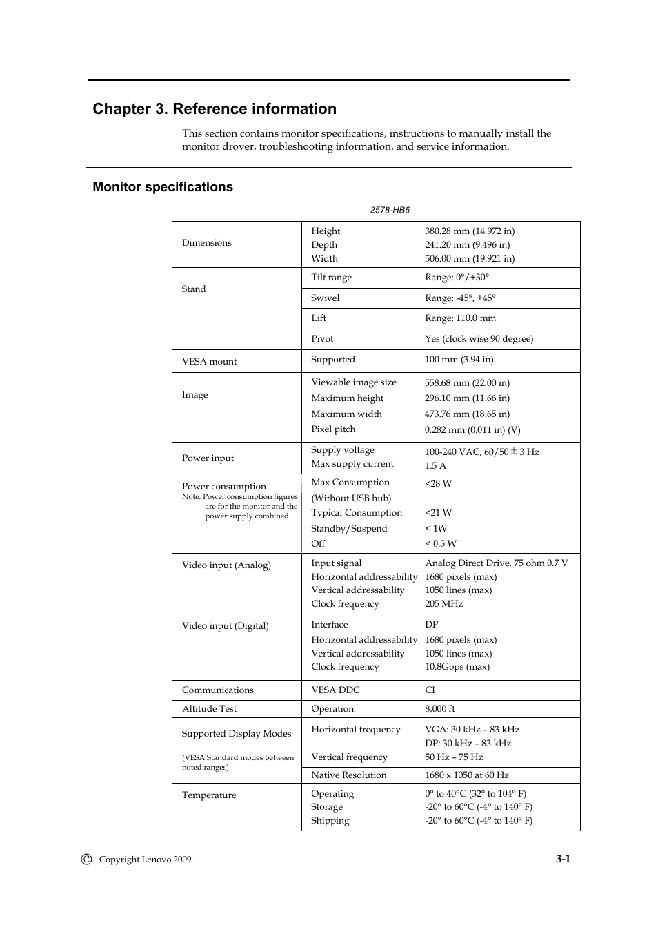 Chapter 3. reference information, Monitor specifcations, Monitor specifications | Lenovo ThinkVision L2251x Wide 22in LCD Monitor User Manual | Page 23 / 37