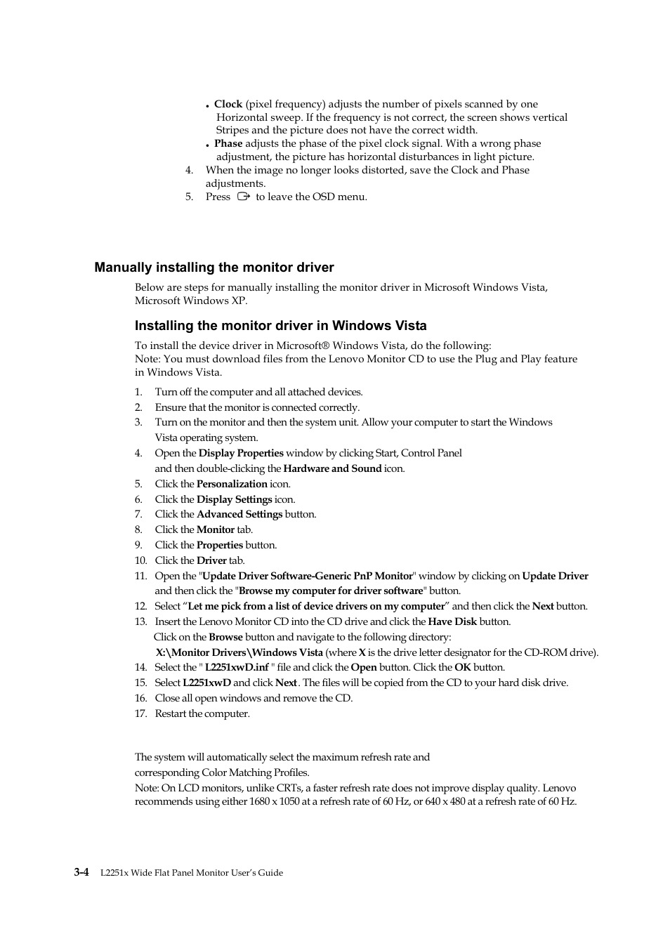 Manually installing the monitor driver, Installing the monitor driver in windows vista | Lenovo ThinkVision L2251x Wide 22in LCD Monitor User Manual | Page 26 / 37