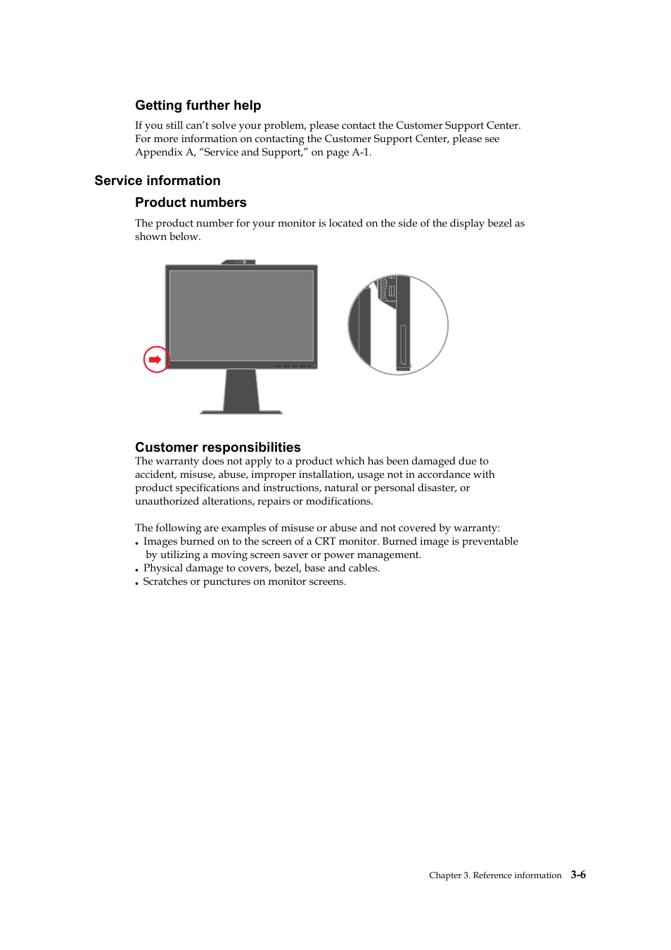 Getting further help, Service information, Product numbers | Customer responsibilities, Service information product numbers | Lenovo ThinkVision L2251x Wide 22in LCD Monitor User Manual | Page 28 / 37