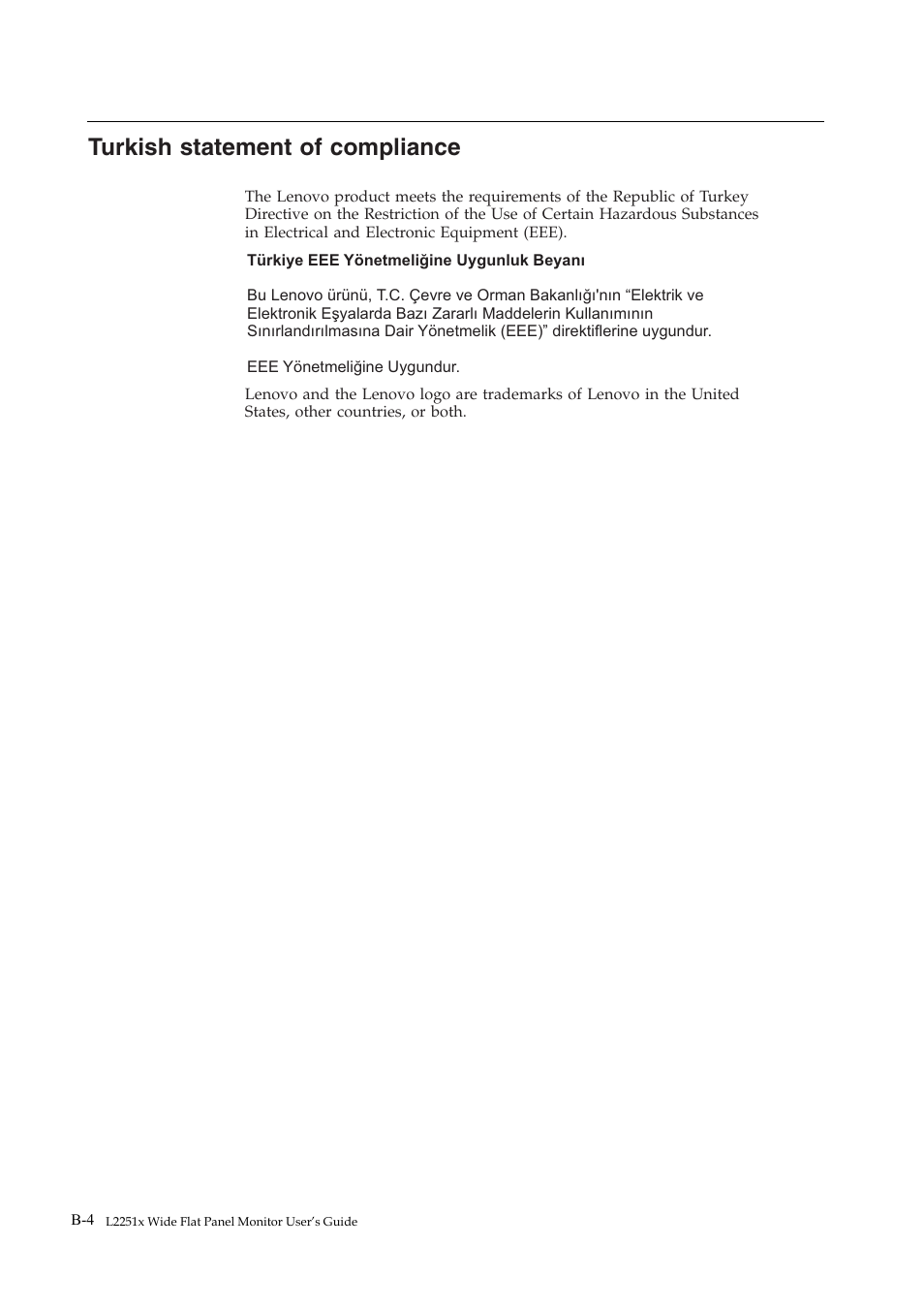 Turkish statement of compliance, Turkish, Statement | Compliance | Lenovo ThinkVision L2251x Wide 22in LCD Monitor User Manual | Page 37 / 37