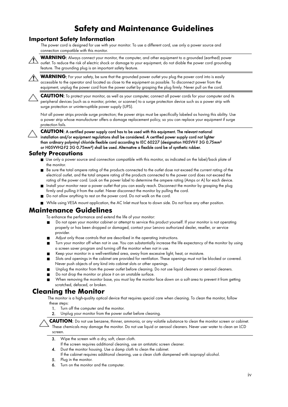 Safety and maintenance guidelines, Maintenance guidelines, Cleaning the monitor | Important safety information, Safety precautions | Lenovo ThinkVision L2251x Wide 22in LCD Monitor User Manual | Page 5 / 37