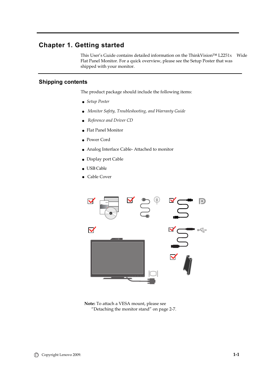 Chapter 1. getting started, Shipping contents | Lenovo ThinkVision L2251x Wide 22in LCD Monitor User Manual | Page 6 / 37