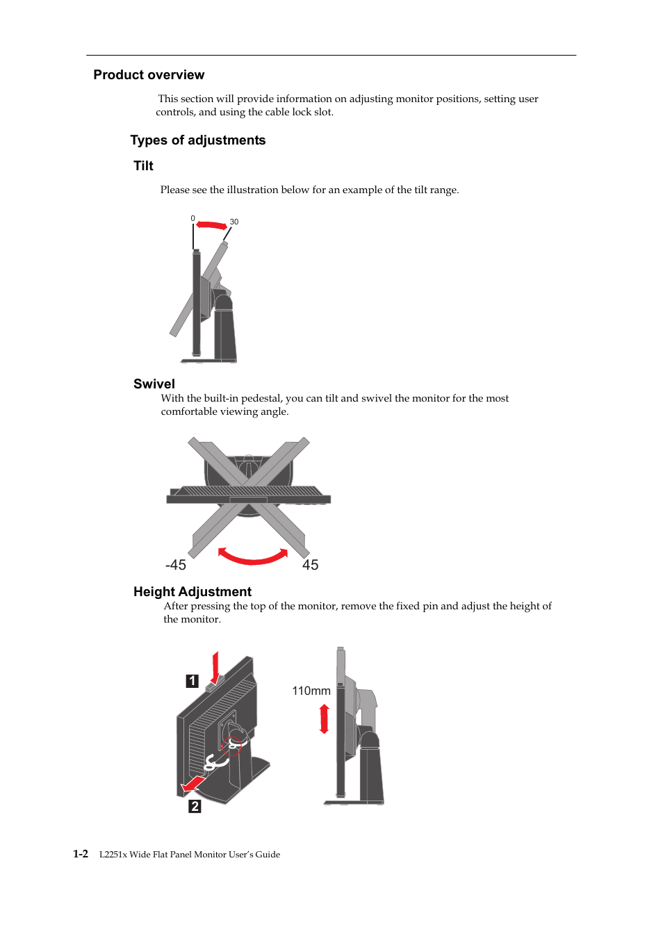 Product overview, Types of adustments | Lenovo ThinkVision L2251x Wide 22in LCD Monitor User Manual | Page 7 / 37