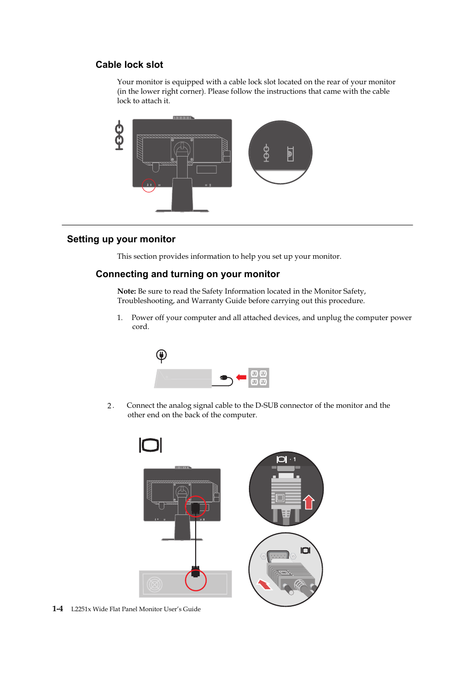 Cable lock slot, Setting up your monitor, Connecting and turning on your monitor | Lenovo ThinkVision L2251x Wide 22in LCD Monitor User Manual | Page 9 / 37