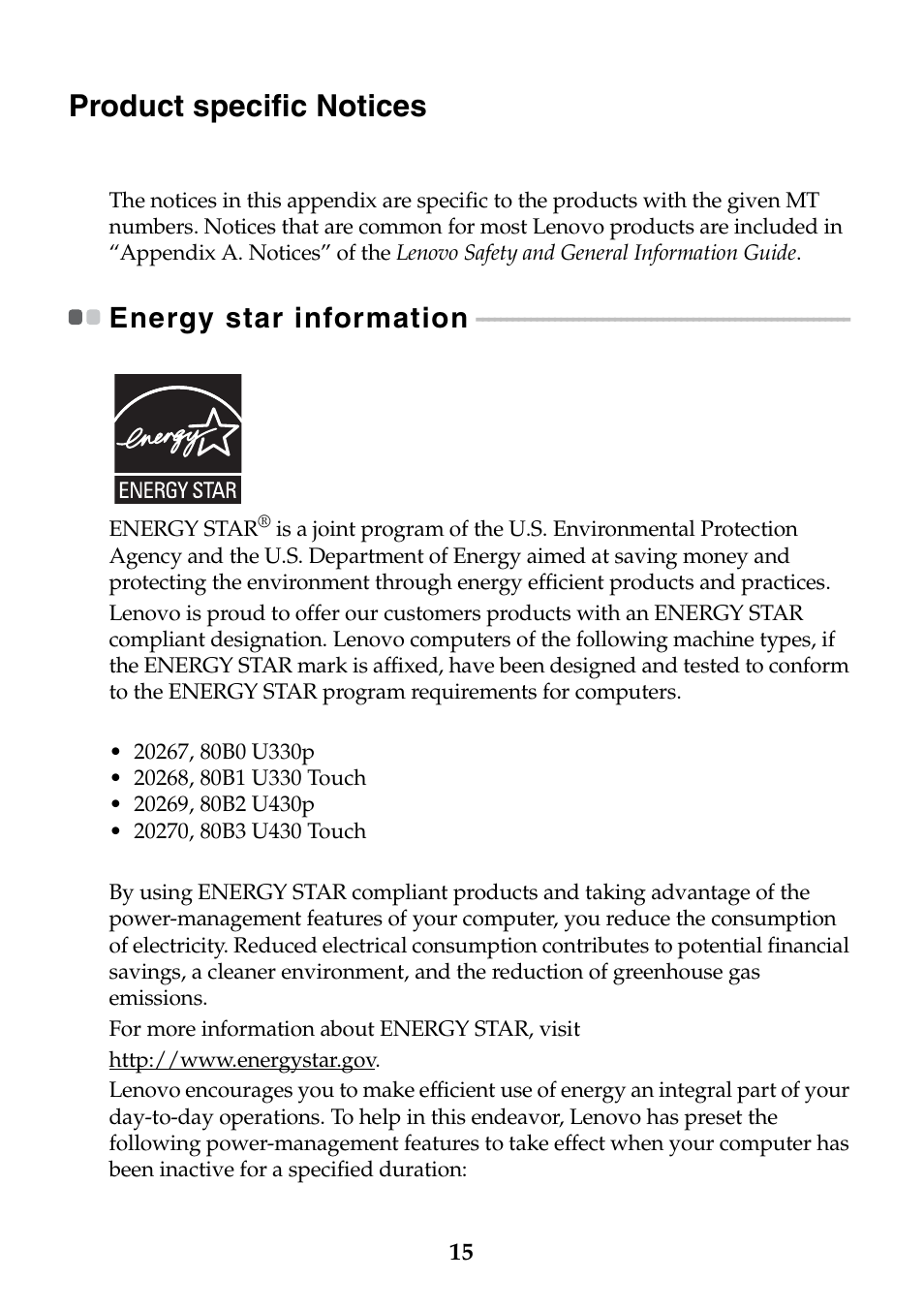 Product specific notices, Energy star information | Lenovo IdeaPad U430p Notebook User Manual | Page 15 / 24