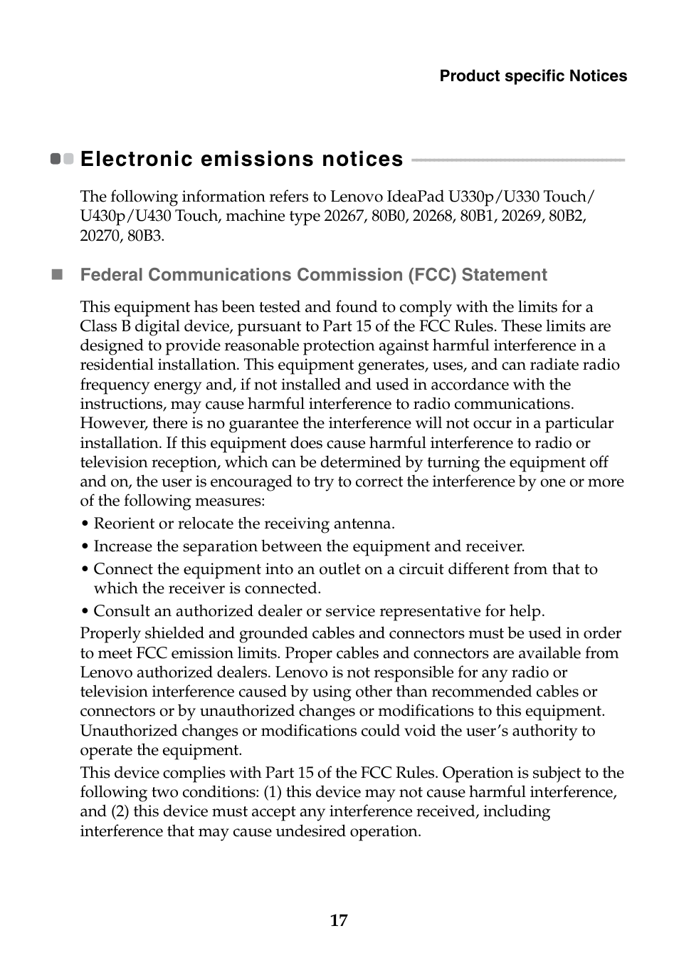 Electronic emissions notices | Lenovo IdeaPad U430p Notebook User Manual | Page 17 / 24