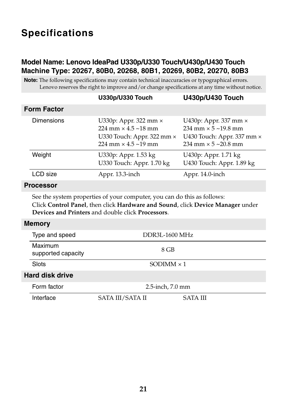 Specifications | Lenovo IdeaPad U430p Notebook User Manual | Page 21 / 24