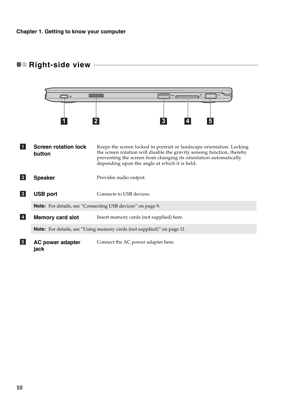 Right-side view | Lenovo Yoga 11 Notebook IdeaPad User Manual | Page 14 / 35