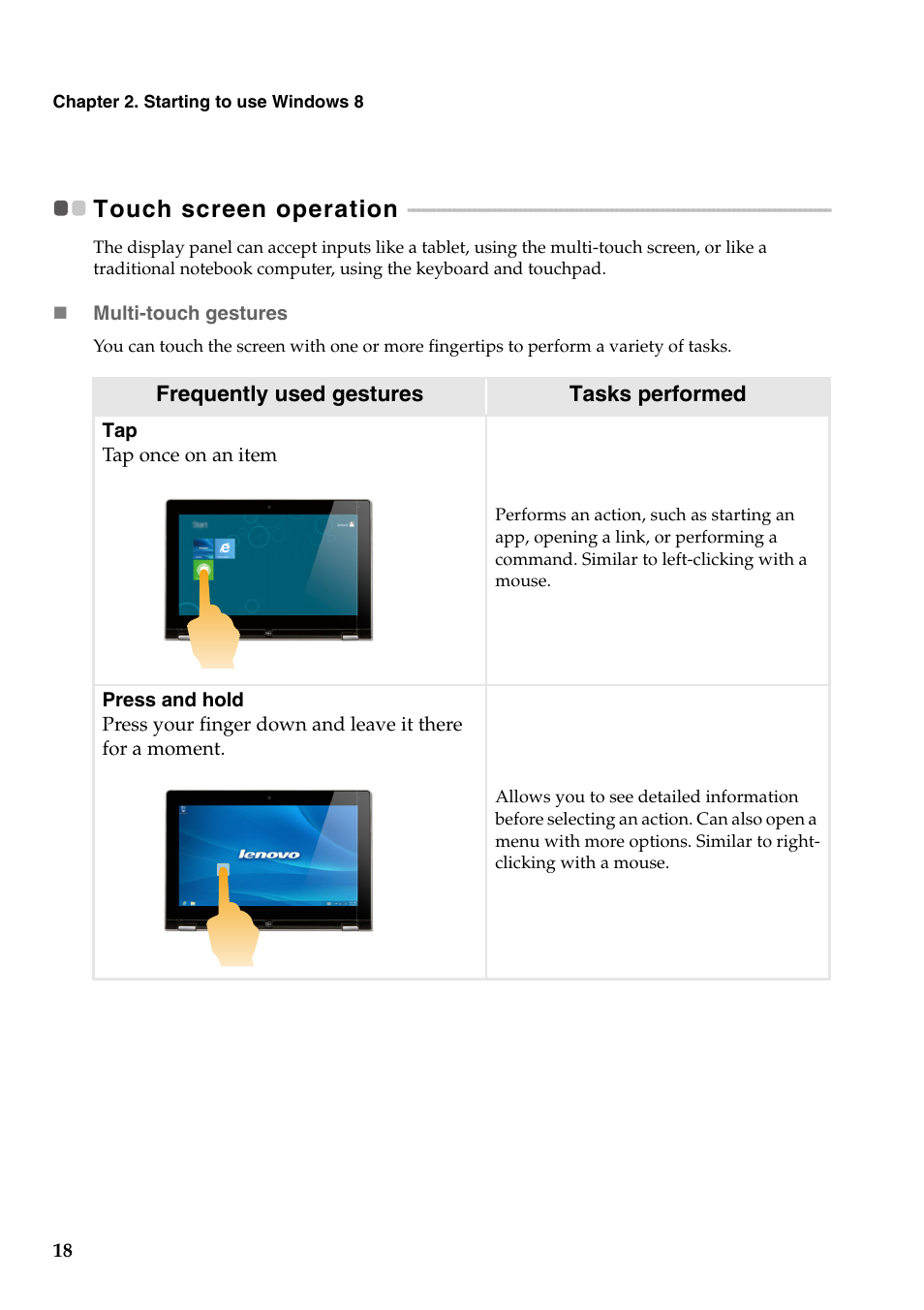 Touch screen operation | Lenovo Yoga 11 Notebook IdeaPad User Manual | Page 22 / 35